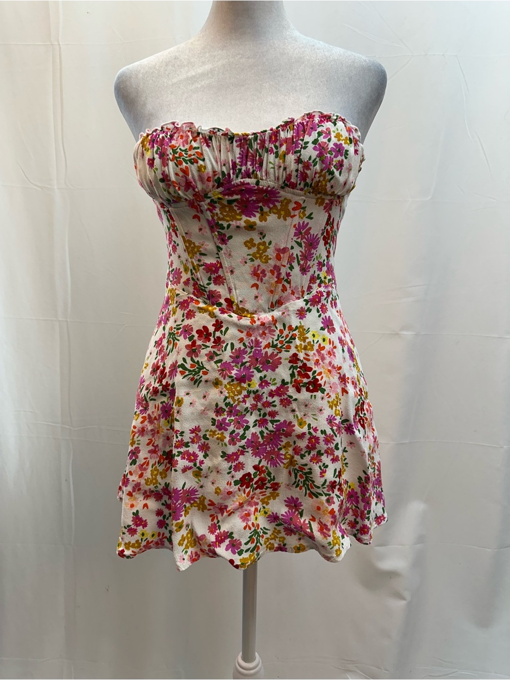 Floral Strapless Romper Dress in Pink, Yellow & Green